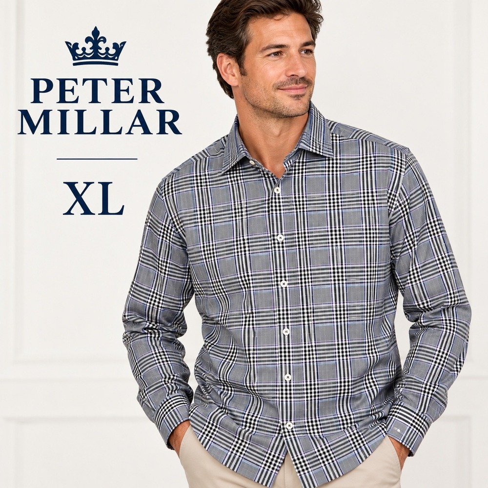 Peter Millar Dress Shirt Mens XL Grey Black Purple Plaid Cotton Long Sleeve Luxe